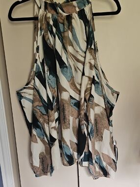 Printed Halter Sleeveless Blouse in Blue, Tan & Black Ptp 24
